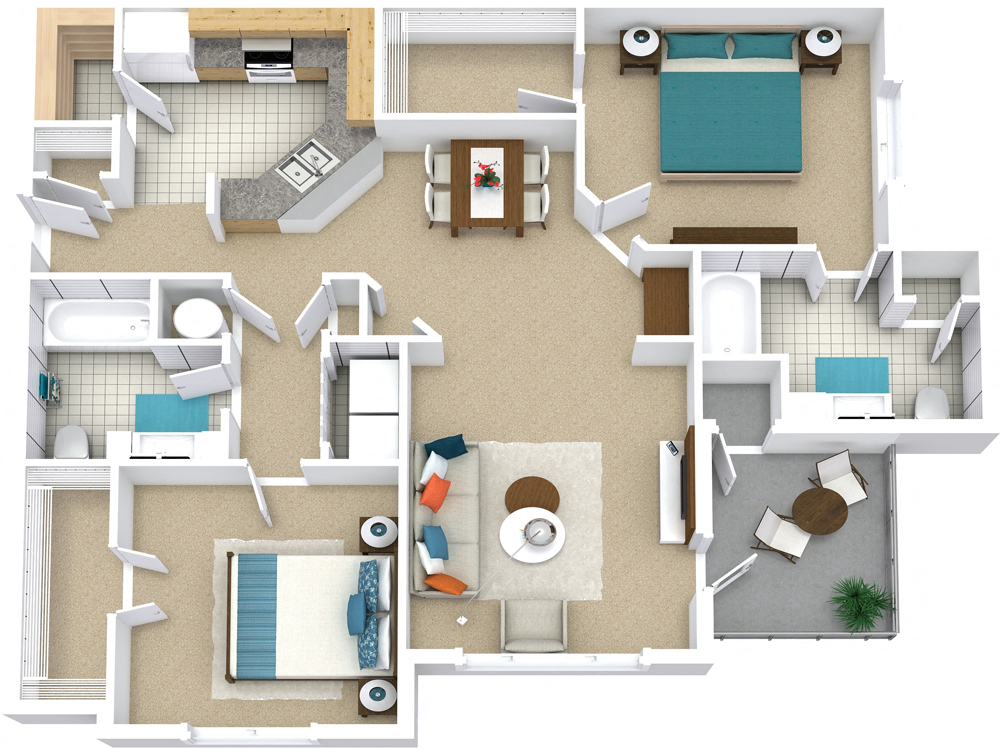 Floor plan for 2 beds, 2 baths, 1222 sqft